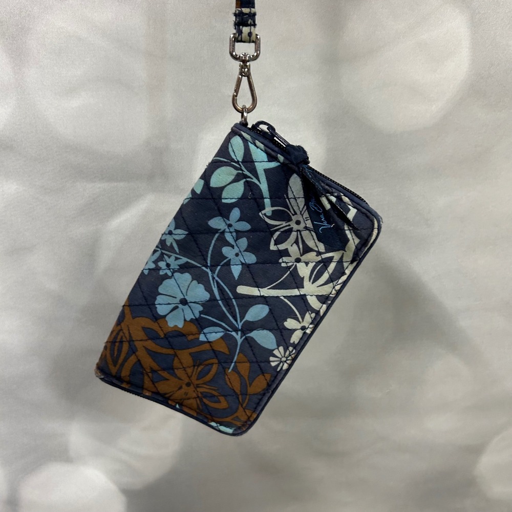 Vera Bradley Dark‎ Blue Light Blue Brown Floral ID Wallet Holder Wristlet Wallet